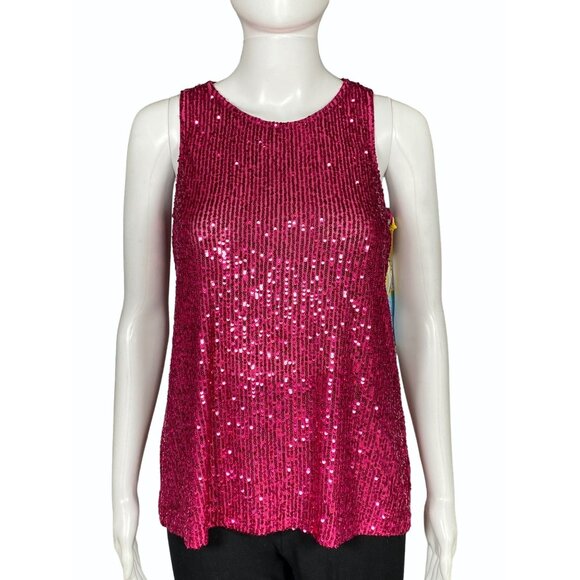 CeCe Pink Sequin Tank Top Keyhole Back Women’s Small NWT Stretchy - Picture 1 of 11